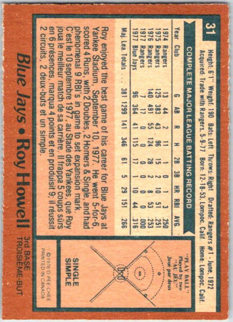 1978 O-Pee-Chee MLB #31 Roy Howell DP  Toronto Blue Jays  V48532