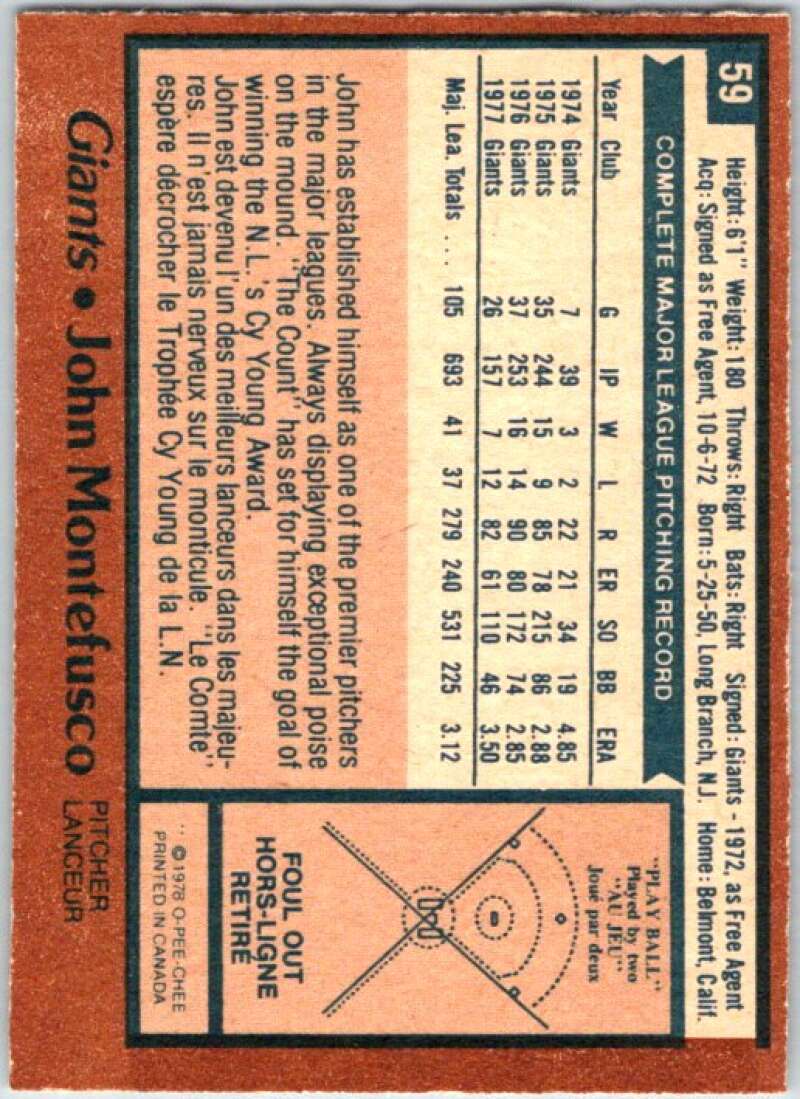 1978 O-Pee-Chee MLB #59 John Montefusco  San Francisco Giants  V48590