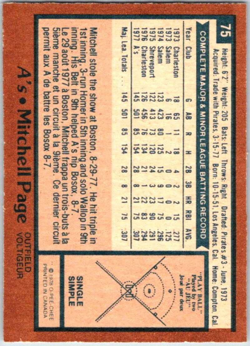 1978 O-Pee-Chee MLB #75 Mitchell Page  Oakland Athletics  V48623
