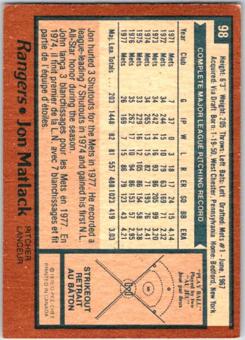 1978 O-Pee-Chee MLB #98 Jon Matlack  Rangers/Mets  V48668