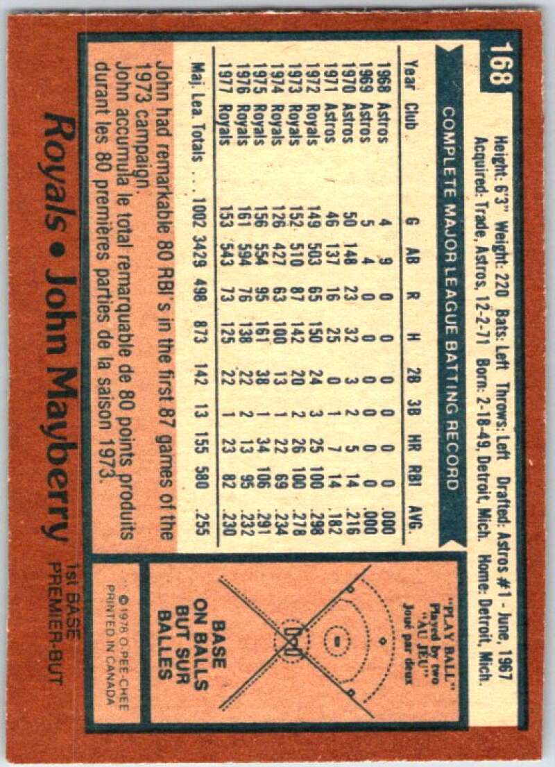 1978 O-Pee-Chee MLB #168 John Mayberry  Kansas City Royals  V48786