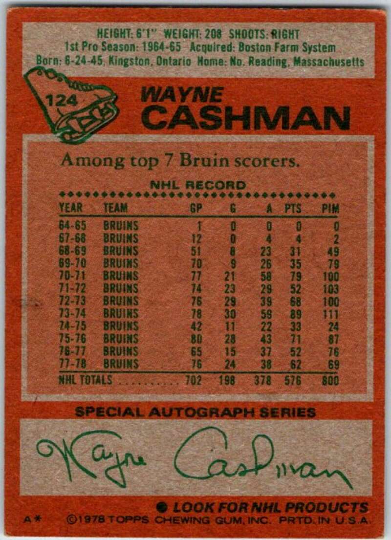 1978-79 Topps #124 Wayne Cashman  Boston Bruins  V48972