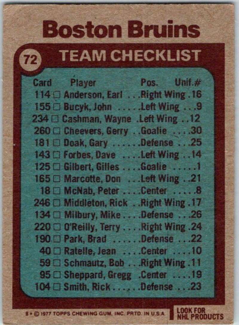 1977-78 Topps #72 Boston Bruins TC  Boston Bruins  V49284