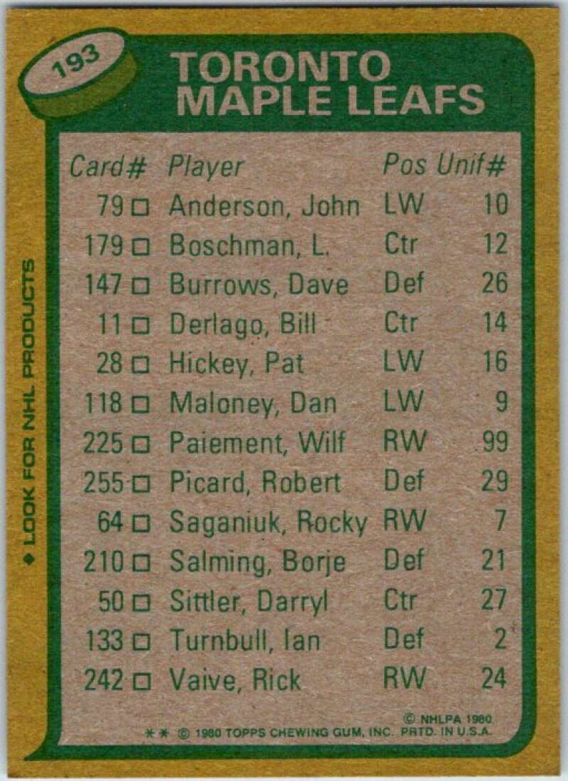 1980-81 Topps #193 Darryl Sittler TL  Toronto Maple Leafs  V49841