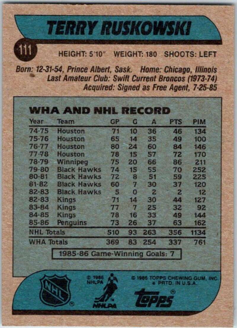1986-87 Topps #111 Terry Ruskowski  Pittsburgh Penguins  V50145