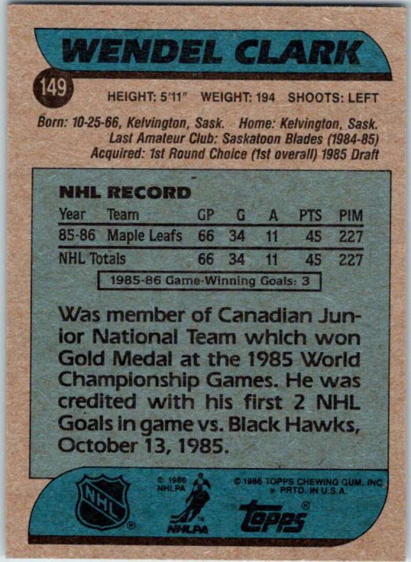 1986-87 Topps #149 Wendel Clark  RC Rookie Leafs  V50185