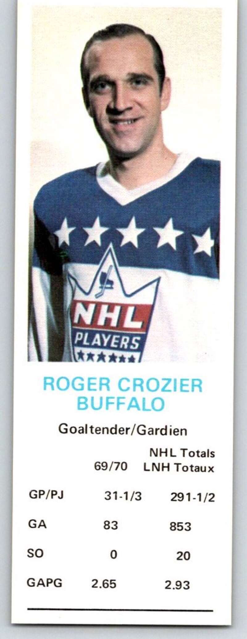 1970-71 Dad's Cookies #18 Roger Crozier  Buffalo Sabres  X220