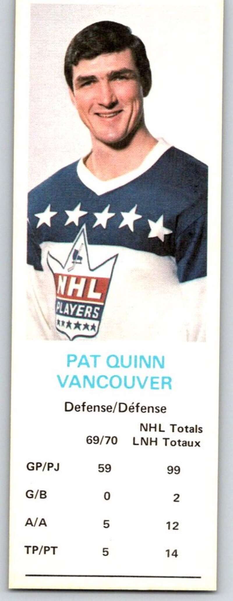 1970-71 Dad's Cookies #107 Pat Quinn  Vancouver Canucks  X375