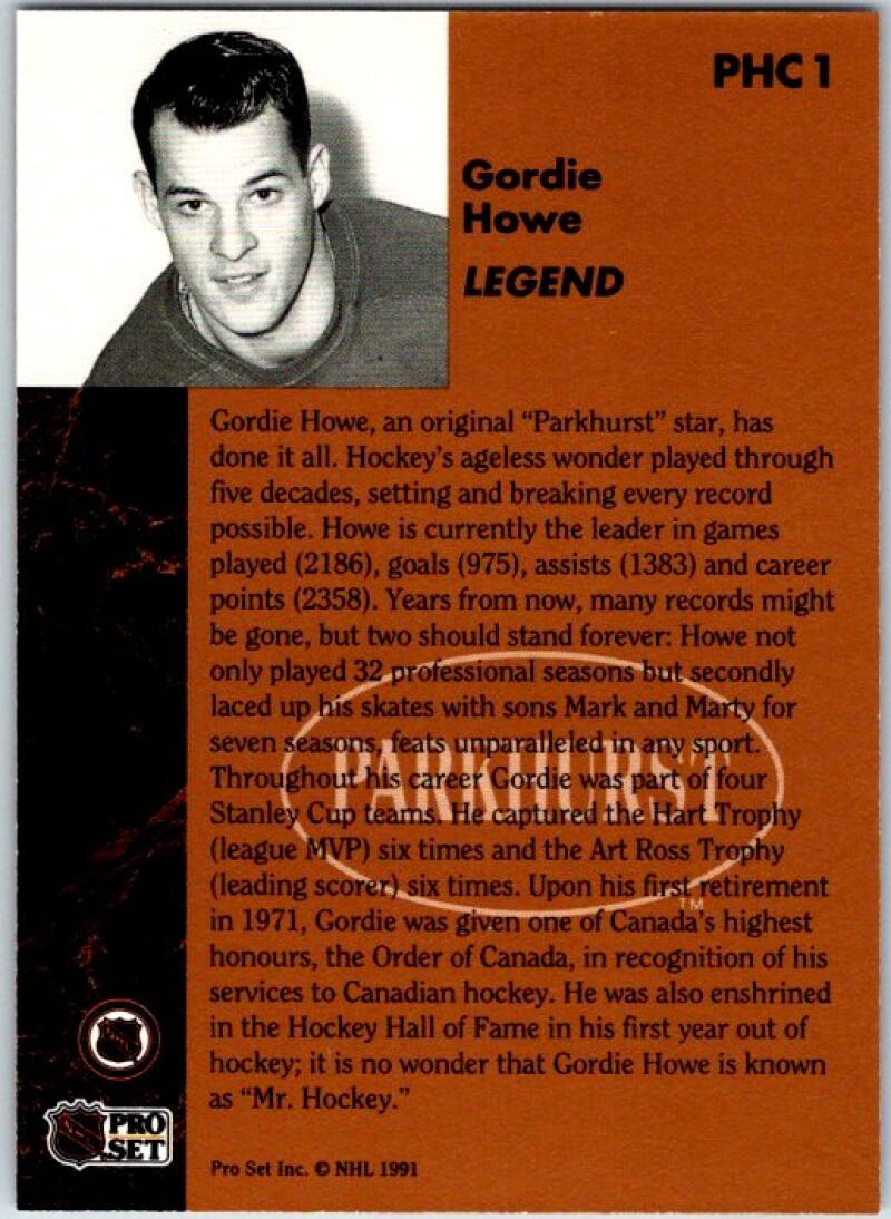 1991-92 Parkhurst PHC #PHC1 Gordie Howe Red Wings V50639