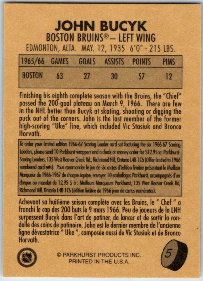 1995-96 Parkhurst '66-67 #5 John Bucyk  Boston Bruins  V50651
