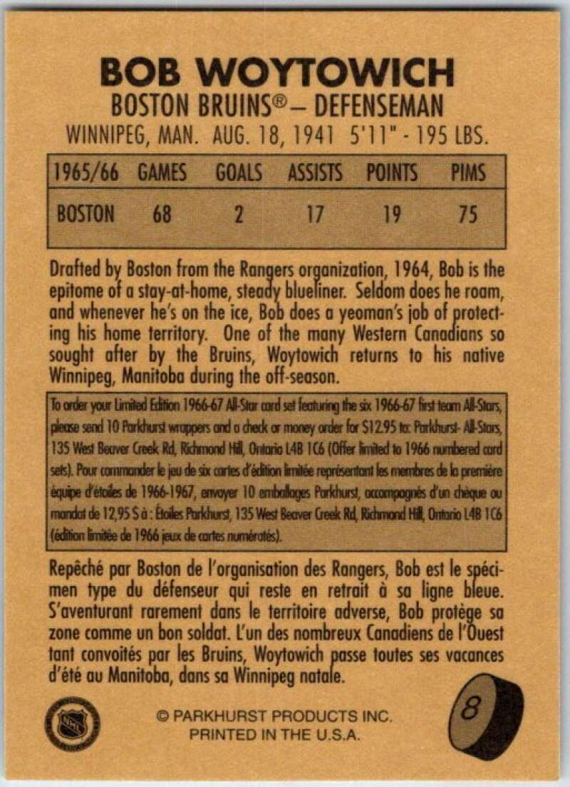 1995-96 Parkhurst '66-67 #8 Bob Woytowich  Boston Bruins  V50655