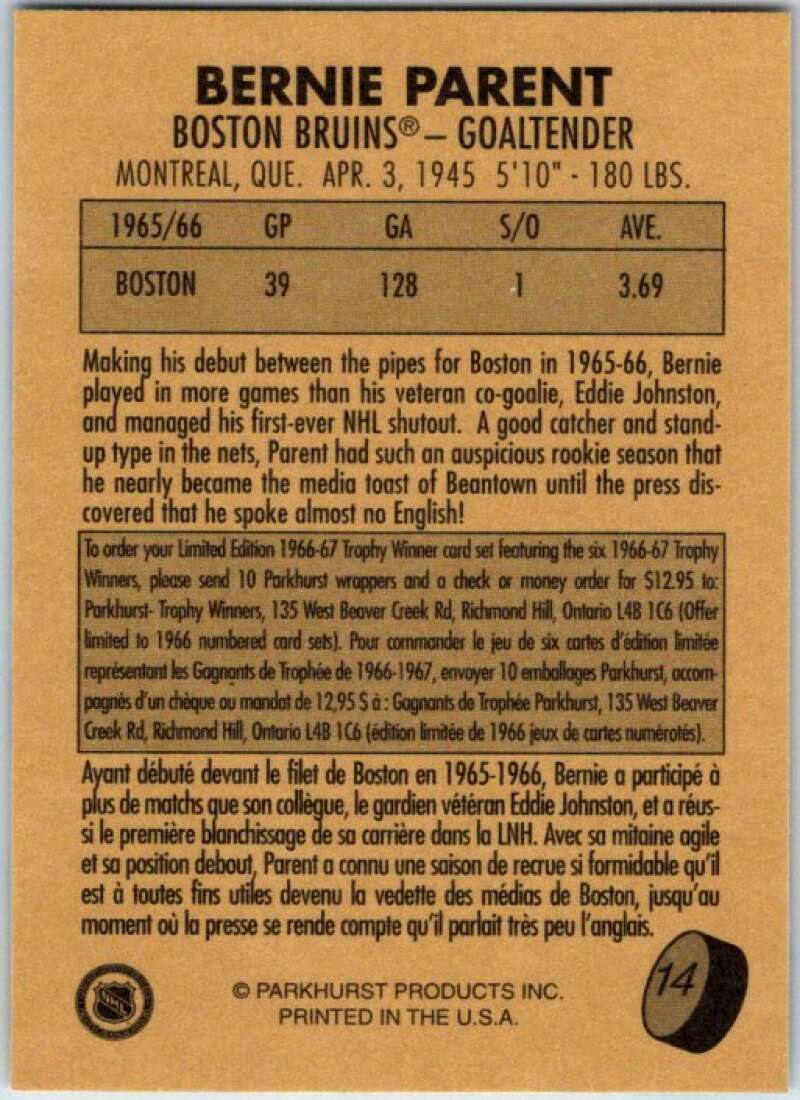 1995-96 Parkhurst '66-67 #14 Bernie Parent  Boston Bruins  V50663