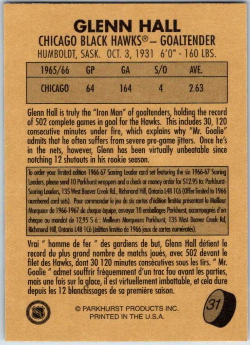 1995-96 Parkhurst '66-67 #31 Glenn Hall  Chicago Blackhawks  V50676