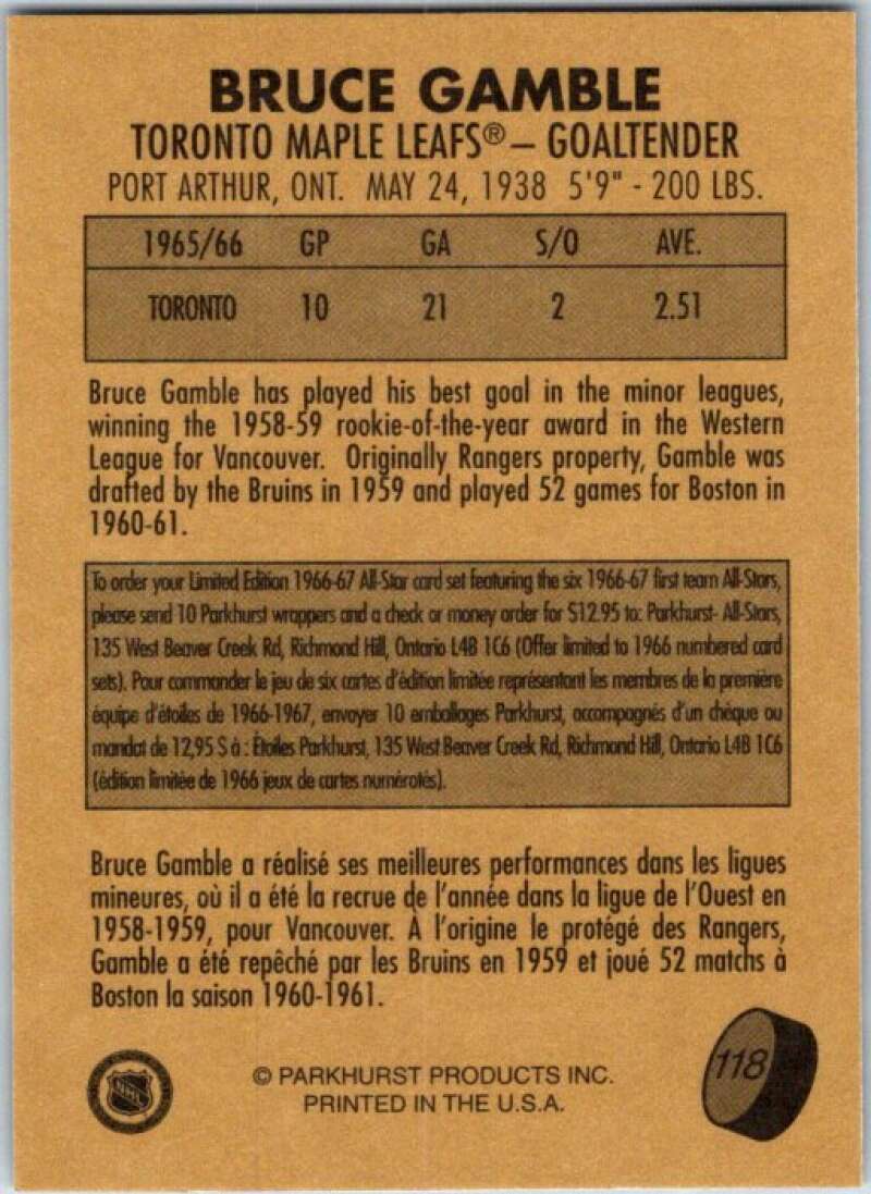 1995-96 Parkhurst '66-67 #118 Bruce Gamble  Toronto Maple Leafs  V50766