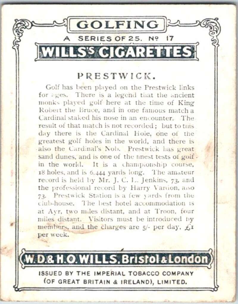 1924 W.D. & H.O. Will's Cigarettes Golf #17 Prestwick  V50980