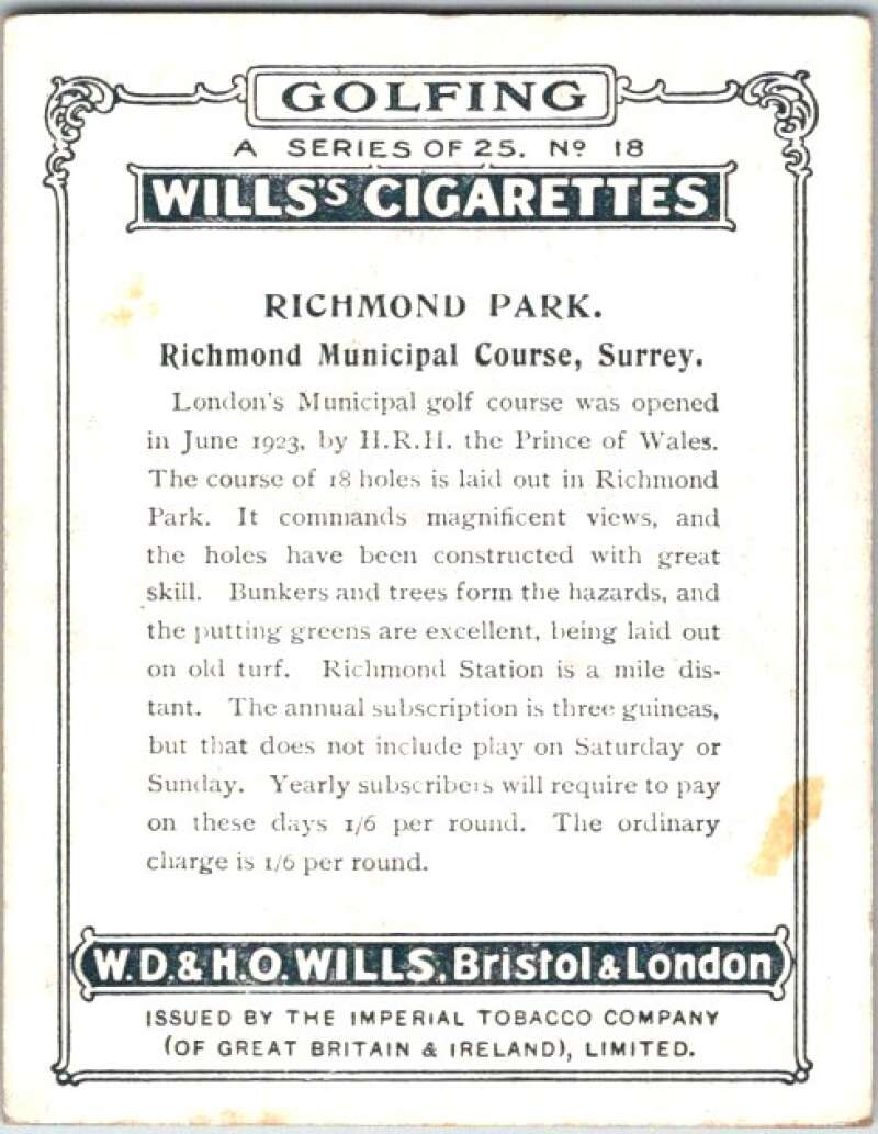 1924 W.D. & H.O. Will's Cigarettes Golf #18 Richmond Park  V50981