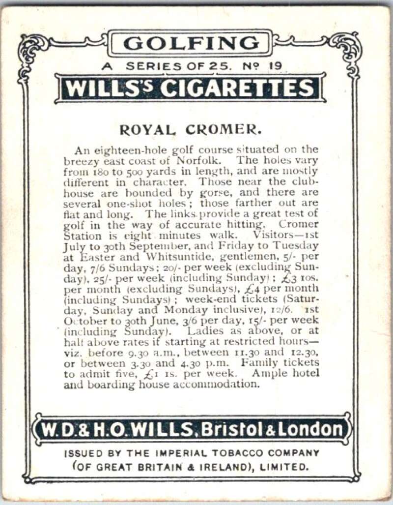 1924 W.D. & H.O. Will's Cigarettes Golf #19 Royal Cromer  V50982
