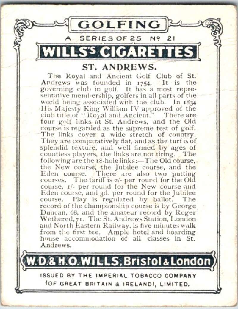 1924 W.D. & H.O. Will's Cigarettes Golf #21 St. Andrews  V50984