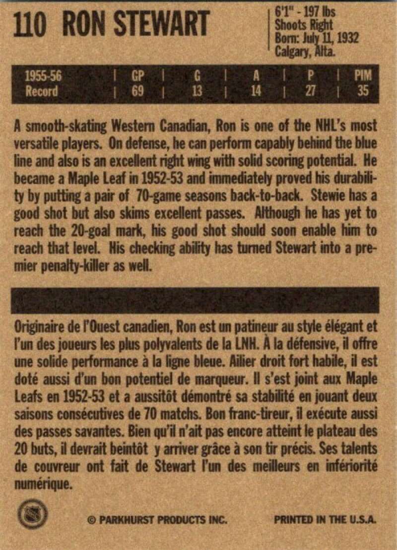1994-95 Parkhurst Missing Link #110 Ron Stewart  Toronto Maple Leafs  V51160