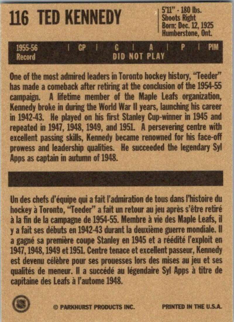 1994-95 Parkhurst Missing Link #116 Ted Kennedy  Toronto Maple Leafs  V51175