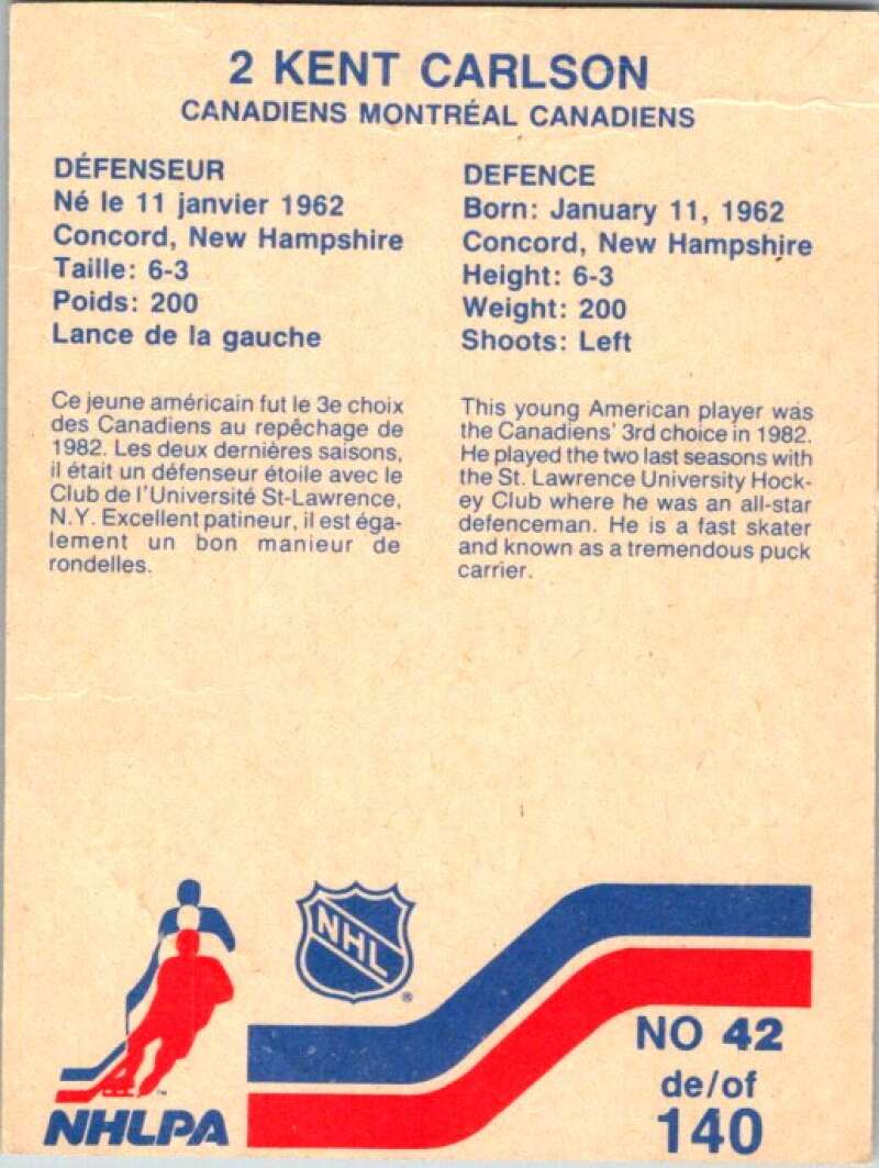 1983-84 Vachon Food Canadiens #42 Kent Carlson  V51309 Image 2