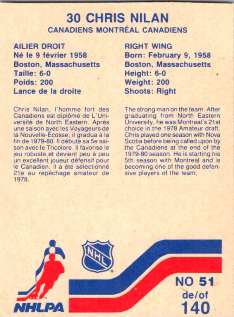 1983-84 Vachon Food Canadiens #51 Chris Nilan  V51324 Image 2