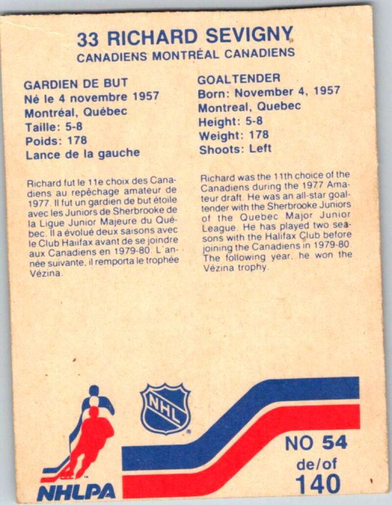 1983-84 Vachon Food Canadiens #54 Richard Sevigny  V51331 Image 2