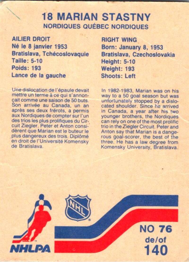 1983-84 Vachon Food Nordiques #76 Marian Stastny  V51365 Image 2