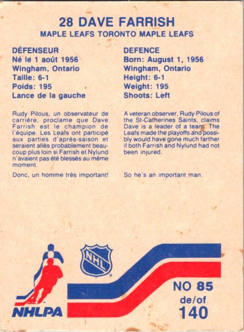 1983-84 Vachon Food Maple Leafs #85 Dave Farrish  V51376 Image 2