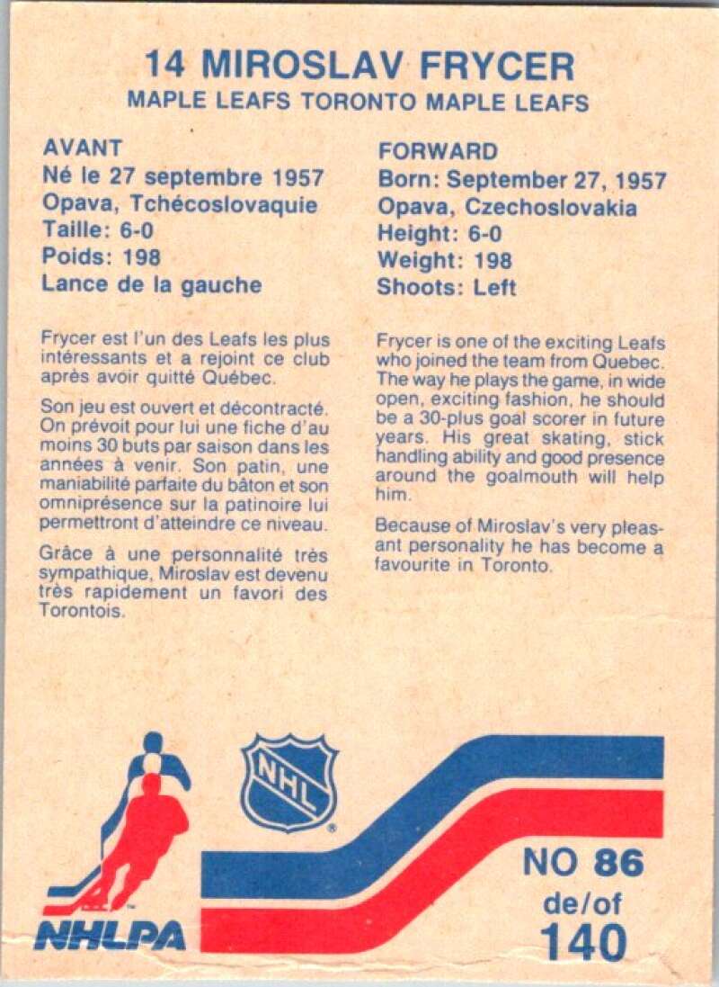 1983-84 Vachon Food Maple Leafs #86 Miroslav Frycer  V51377 Image 2