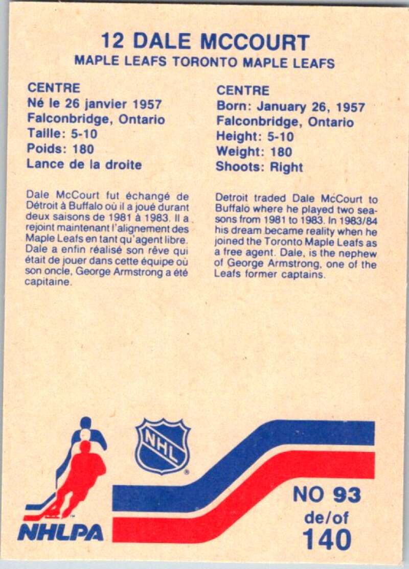 1983-84 Vachon Food Maple Leafs #93 Dale McCourt  V51385 Image 2