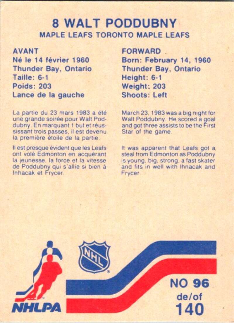 1983-84 Vachon Food Maple Leafs #96 Walt Poddubny  V51389 Image 2