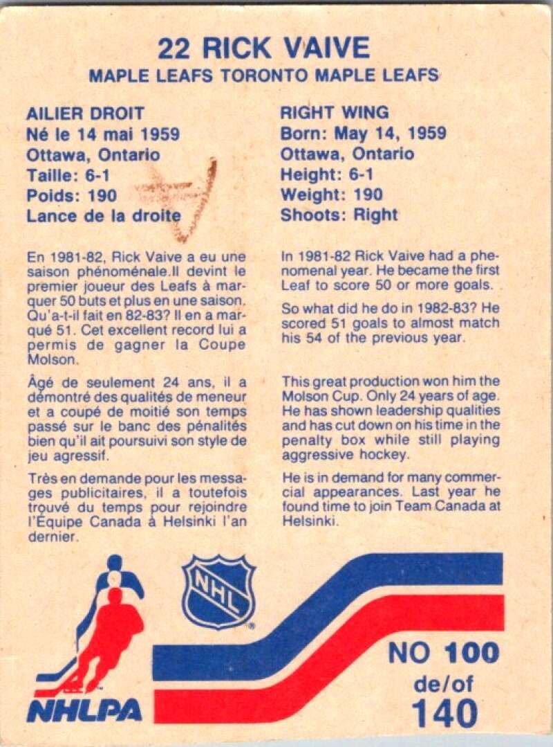 1983-84 Vachon Food Maple Leafs #100 Rick Vaive  V51395 Image 2