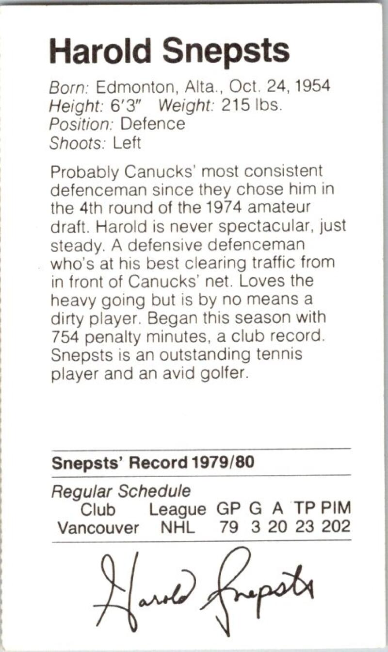 1981-82 Vancouver Canucks SilverWood Dairies #27 Harold Snepsts V51605 Image 2