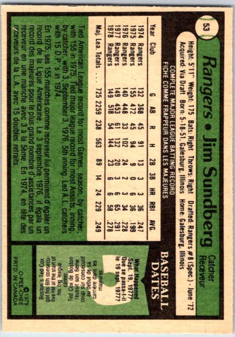 1979 OPC Baseball #53 Jim Sundberg  Texas Rangers  V50310 Image 2