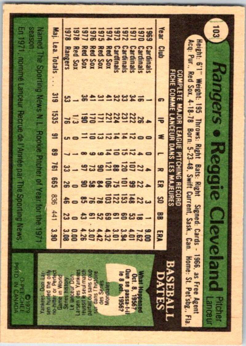 1979 OPC Baseball #103 Reggie Cleveland  Texas Rangers  V50347 Image 2