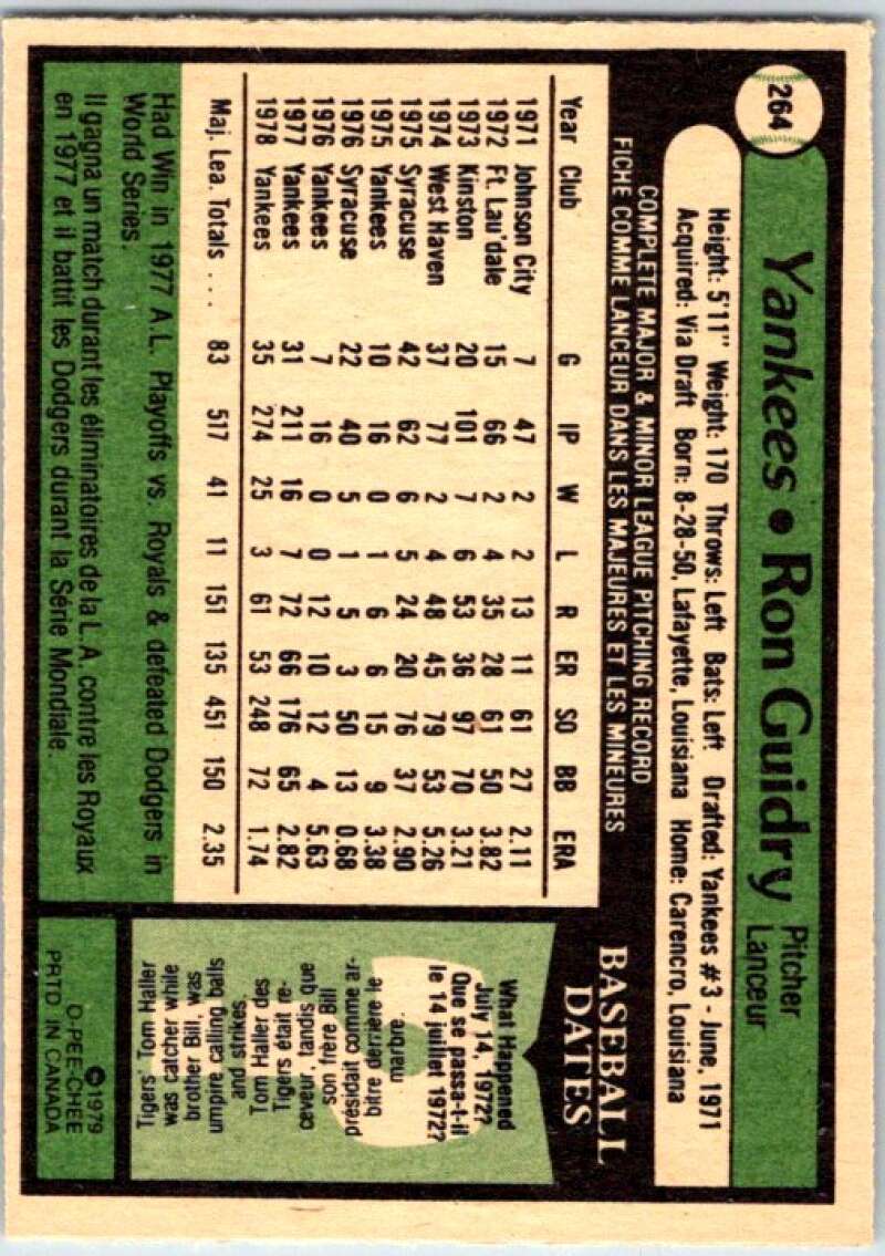 1979 OPC Baseball #264 Ron Guidry  New York Yankees  V50478 Image 2