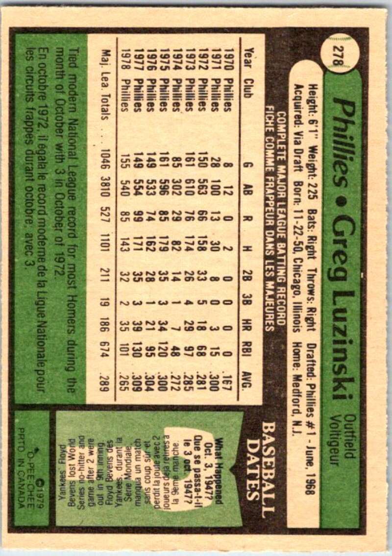 1979 OPC Baseball #278 Greg Luzinski  Philadelphia Phillies  V50489 Image 2