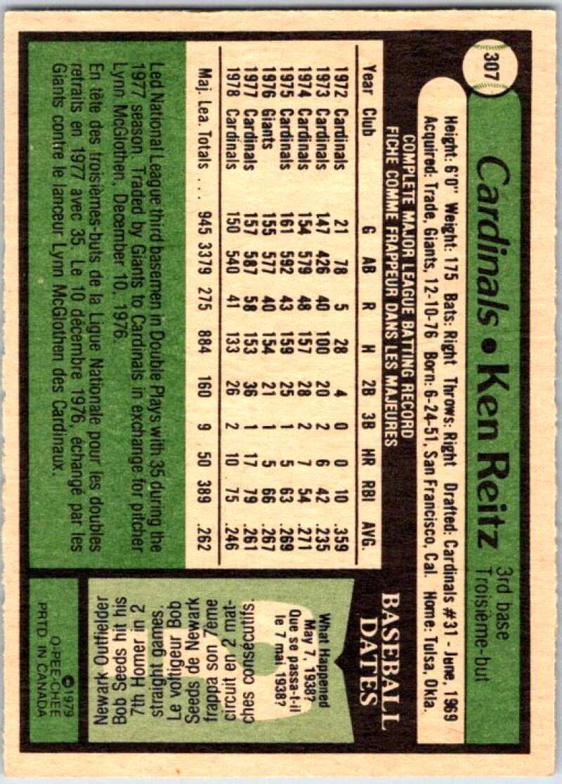 1979 OPC Baseball #307 Ken Reitz  St. Louis Cardinals  V50511 Image 2
