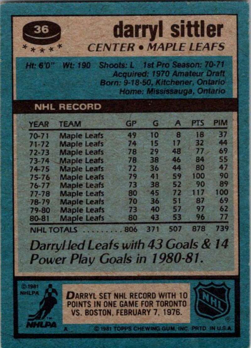 1981-82 Topps #36 Darryl Sittler  Toronto Maple Leafs  V52293 Image 2
