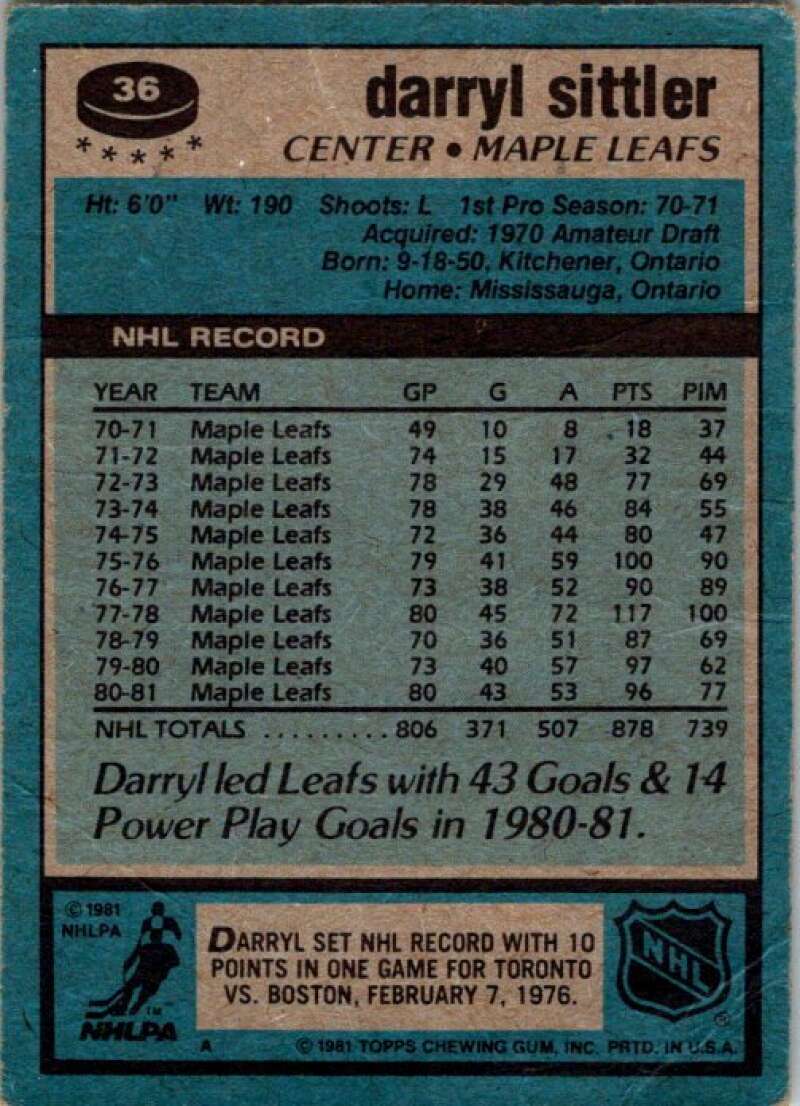 1981-82 Topps #36 Darryl Sittler  Toronto Maple Leafs  V52296 Image 2