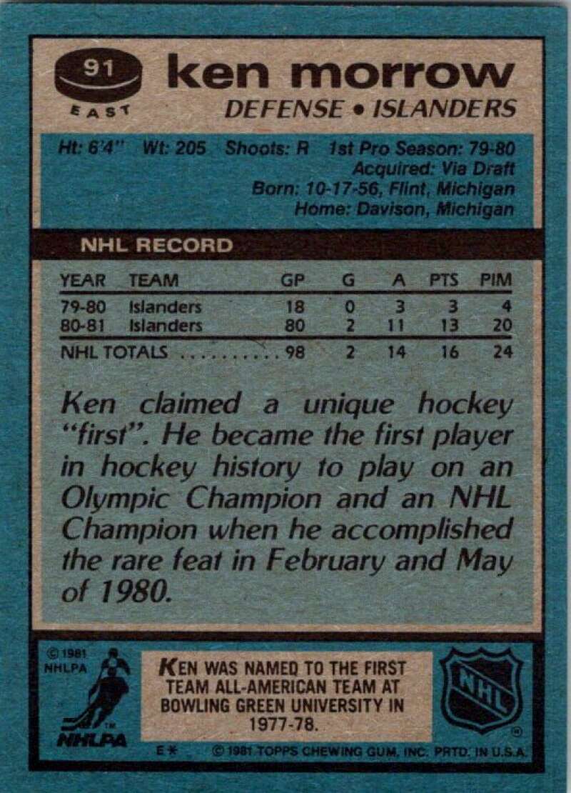 1981-82 Topps #E91 Ken Morrow  New York Islanders  V52441 Image 2