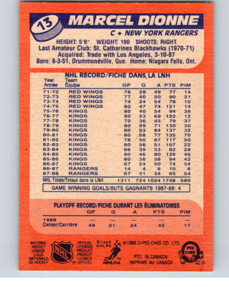 1988-89 O-Pee-Chee #13 Marcel Dionne  New York Rangers  V53323 Image 2
