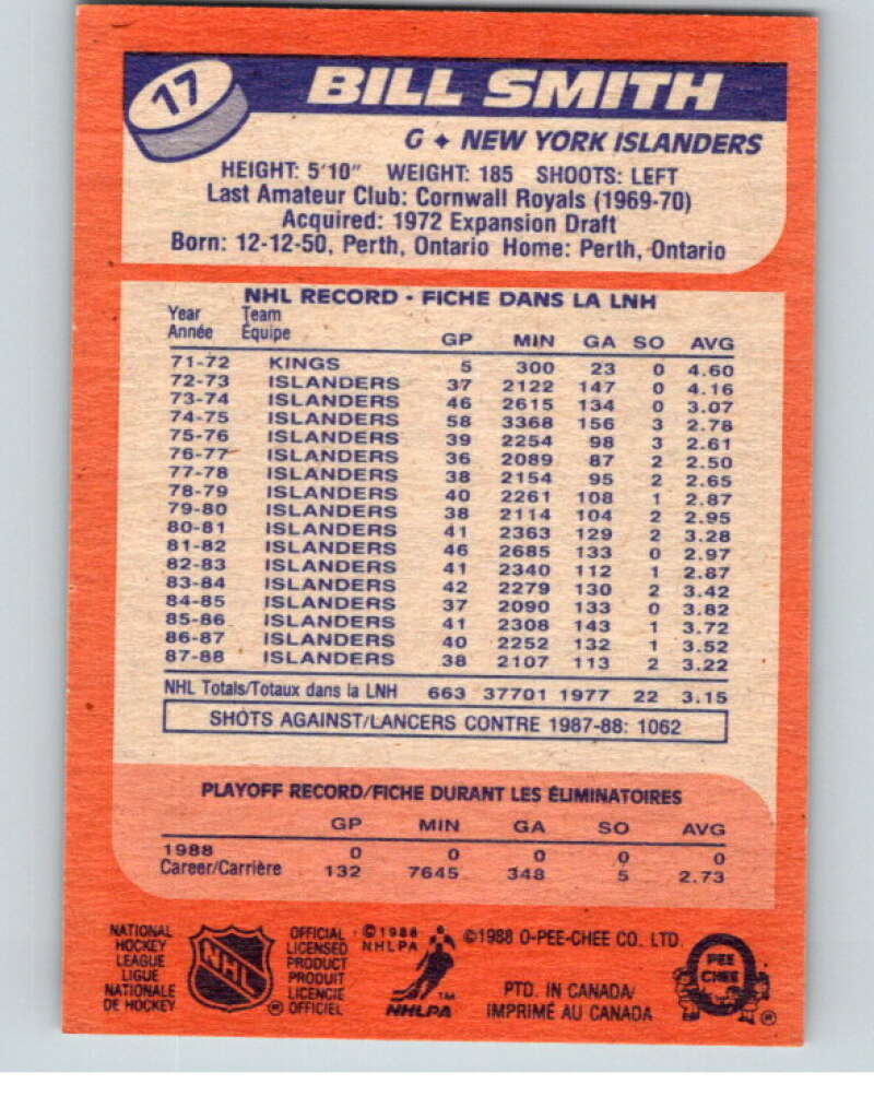 1988-89 O-Pee-Chee #17 Billy Smith  New York Islanders  V53334 Image 2