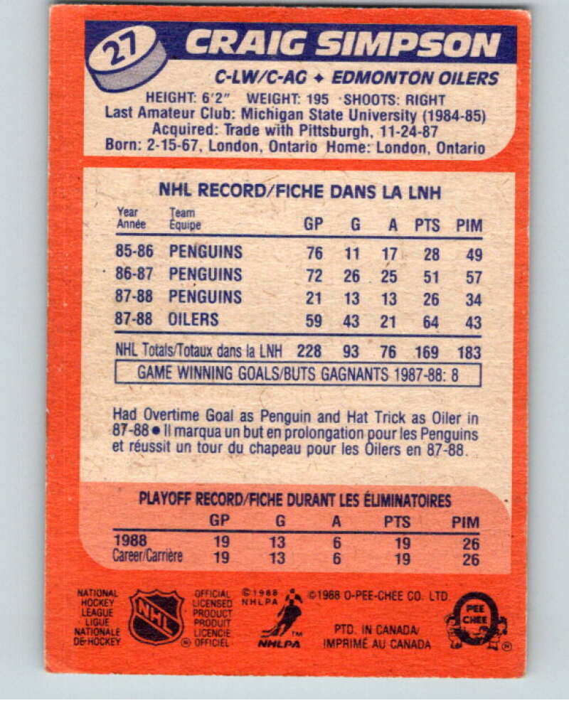 1988-89 O-Pee-Chee #27 Craig Simpson  Edmonton Oilers  V53348 Image 2