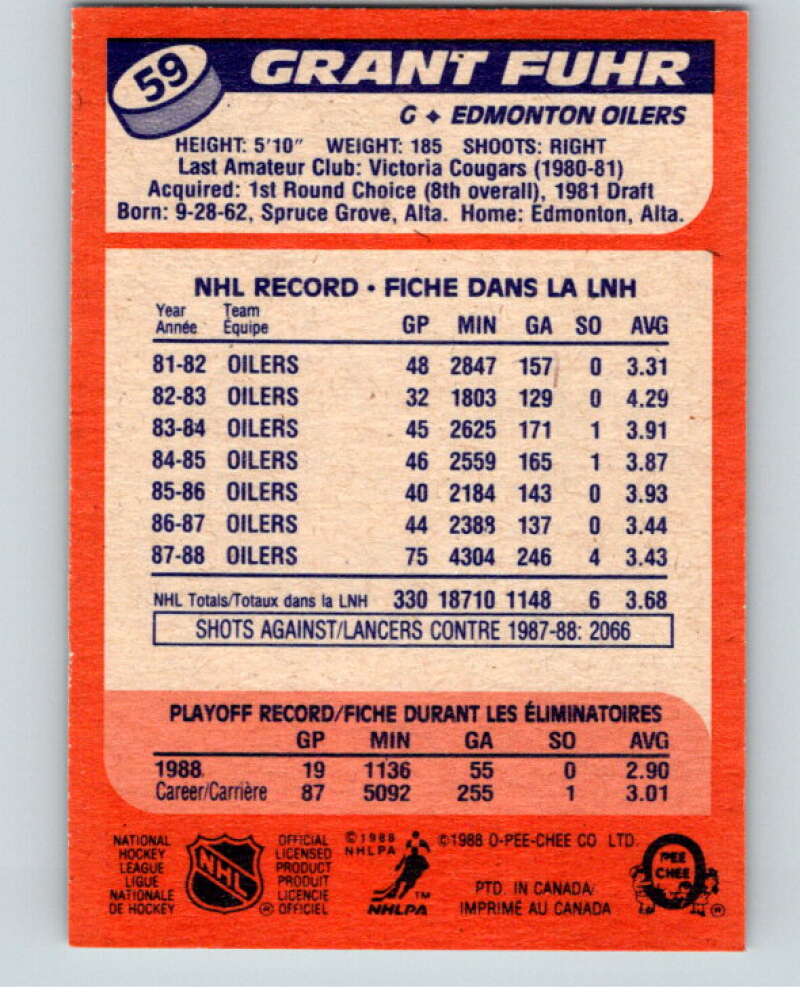 1988-89 O-Pee-Chee #59 Grant Fuhr  Edmonton Oilers  V53407 Image 2