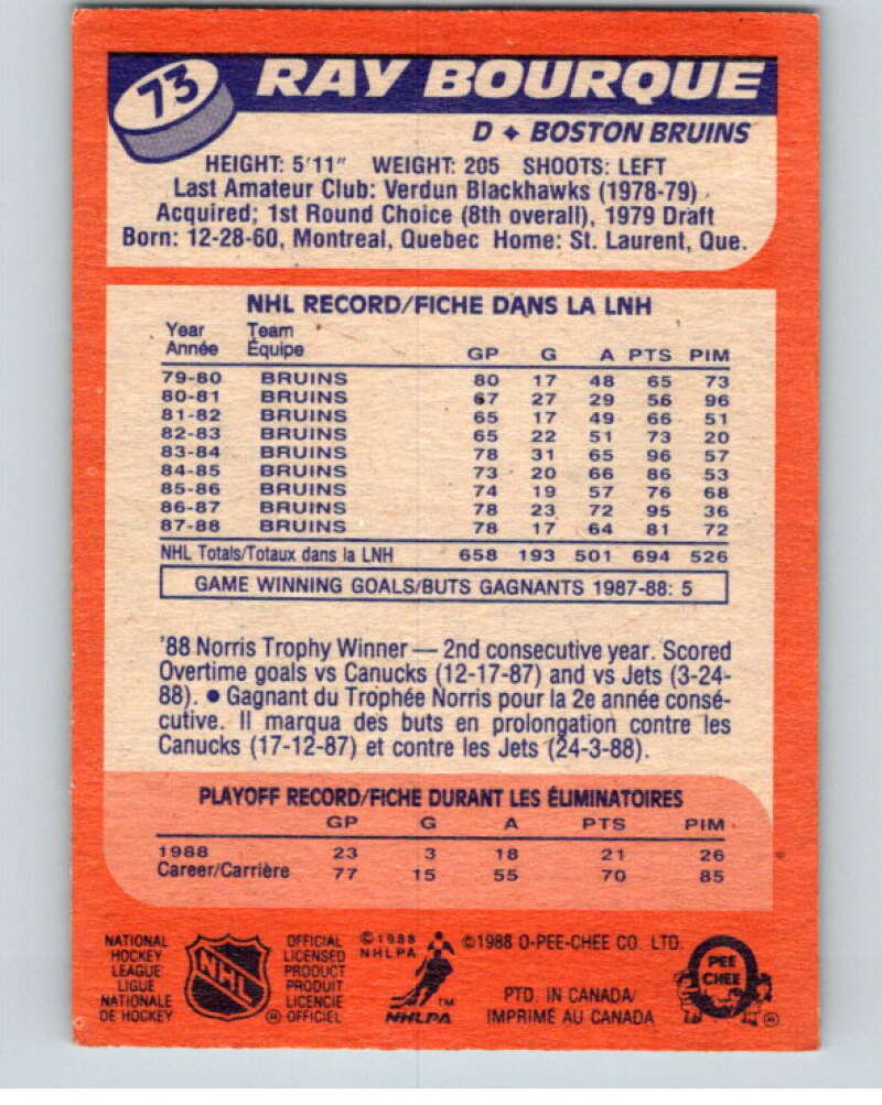 1988-89 O-Pee-Chee #73 Ray Bourque  Boston Bruins  V53432 Image 2