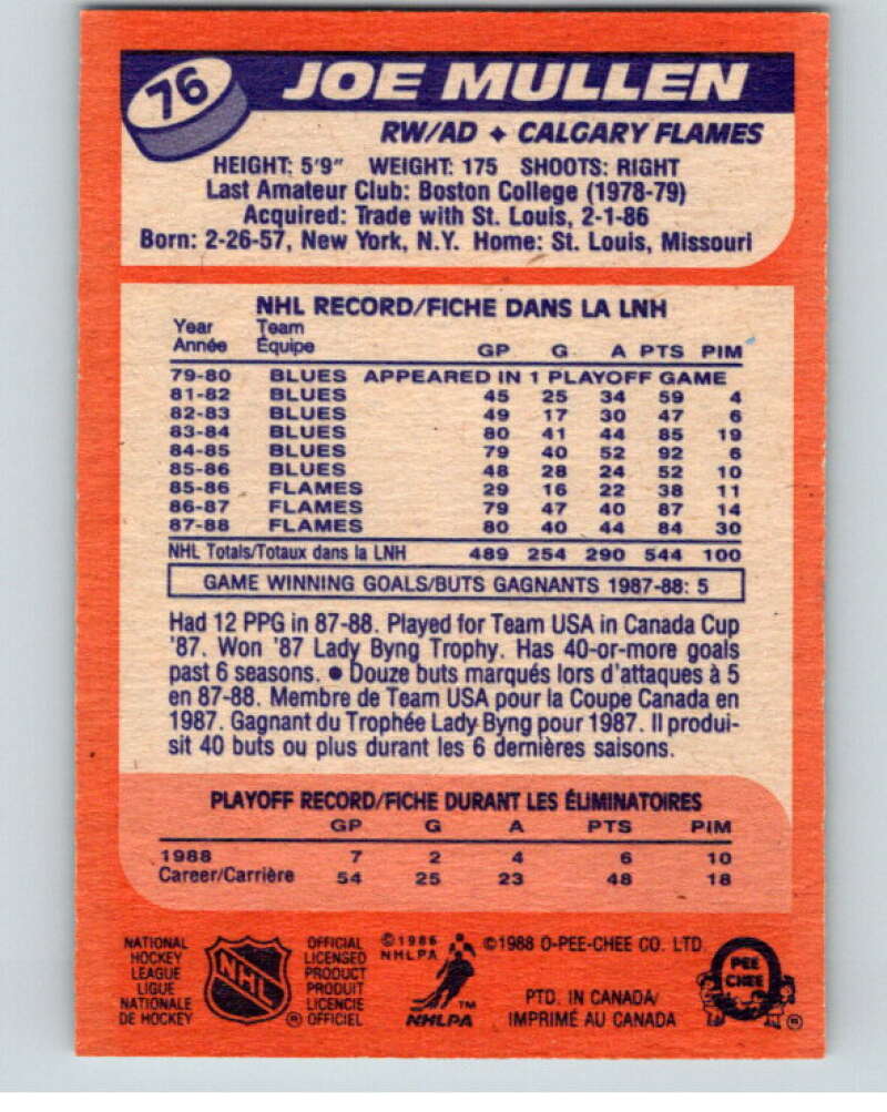 1988-89 O-Pee-Chee #76 Joe Mullen  Calgary Flames  V53437 Image 2