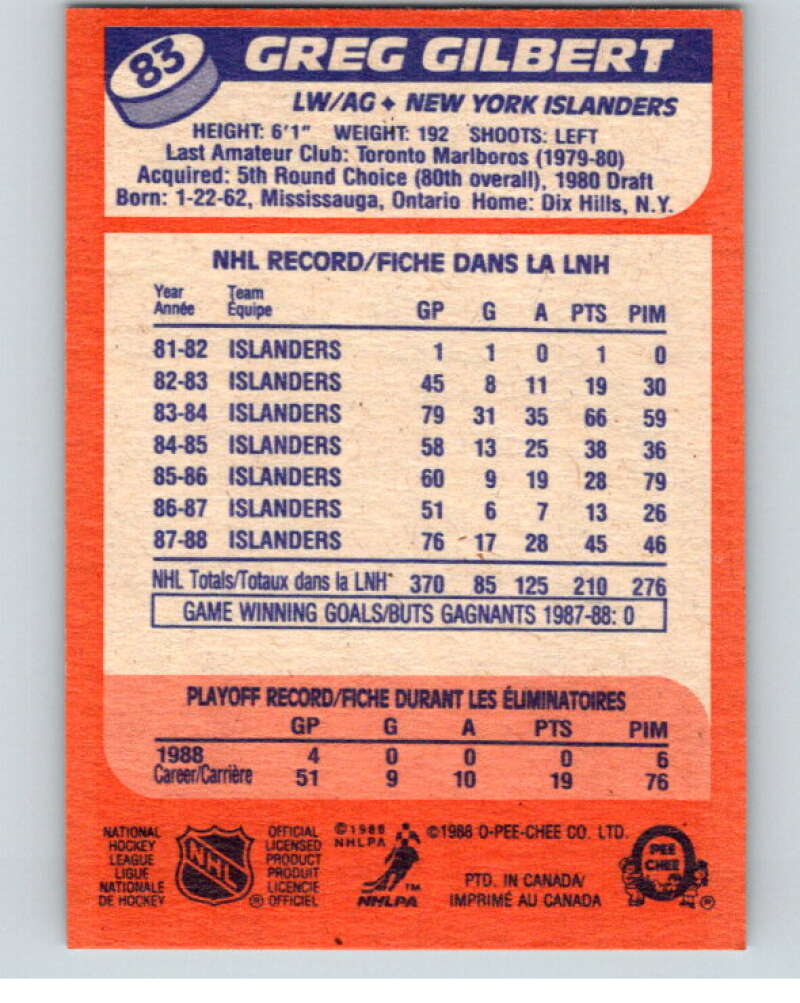 1988-89 O-Pee-Chee #83 Greg Gilbert  New York Islanders  V53455 Image 2