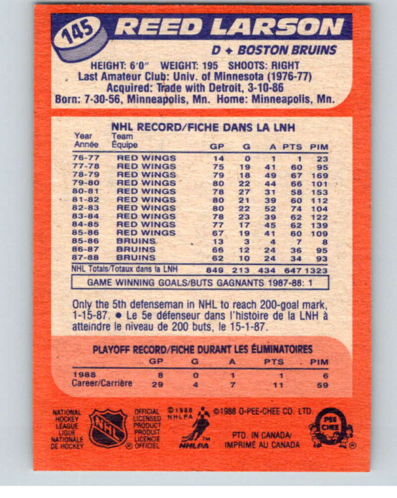 1988-89 O-Pee-Chee #145 Reed Larson  Boston Bruins  V53559 Image 2